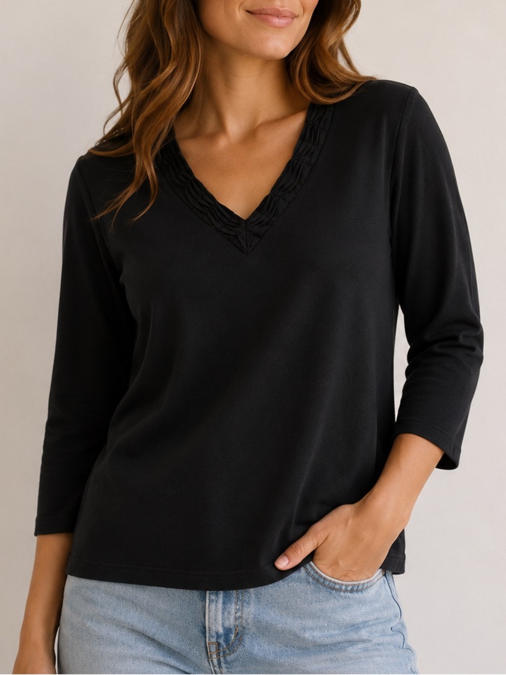 Alia Black V-Neck 3/4 Sleeve Cotton Blend Knit Top Small